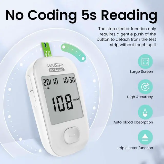 Alt view image 5 of 7 - Talking Blood Glucose Monitor Kit, 100 Glucometer Strips & 100 Lancets, 1 Blood Sugar Monitor, 1 Lancing Device, Diabetes Testing Kit for Seniors and Home Use with Travel Case, No Coding