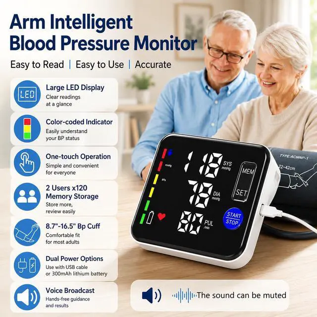 Alt view image 2 of 7 - Blood Pressure Monitor Rechargeable Upper Arm, Large Screen, Black