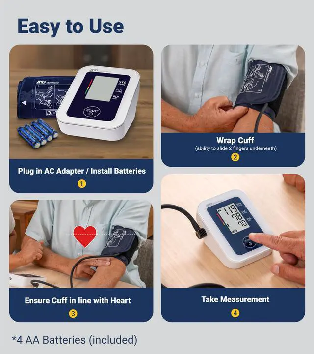 Alt view image 4 of 7 - A&D Medical Blood Pressure Monitor for Home Use, UA-651 Upper Arm Precise BP Machine Wide Range Cuff (8.6-16.5 / 22-42cm), Adults, 4 AA Batteries
