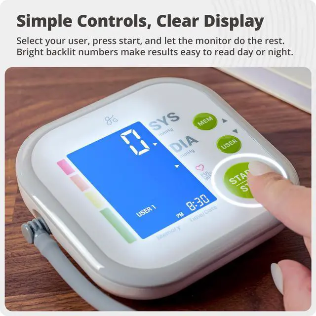 Alt view image 4 of 7 - Upper Arm Blood Pressure Monitor for Home Use Automatic One-Touch BP Machine, Wide-Range Cuff (8.716.5), Large Backlit Display, 2-User Memory, Complete Kit
