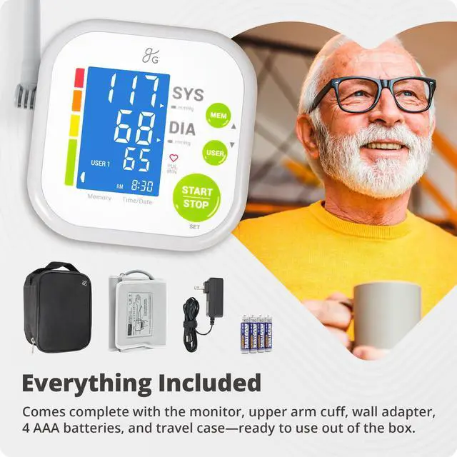 Alt view image 7 of 7 - Upper Arm Blood Pressure Monitor for Home Use Automatic One-Touch BP Machine, Wide-Range Cuff (8.716.5), Large Backlit Display, 2-User Memory, Complete Kit