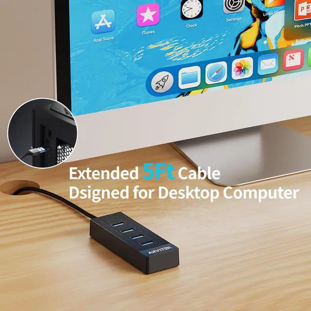 Alt view image 4 of 6 - 4-Port USB 3.0 Hub for Desktop, USB Extender Hub 5Gbps, USB Multiport Adapter, USB Splitter w/5Ft Long Cable for Desktop, PC, Flash Drive, Mobile HDD (5Ft/1.5m)