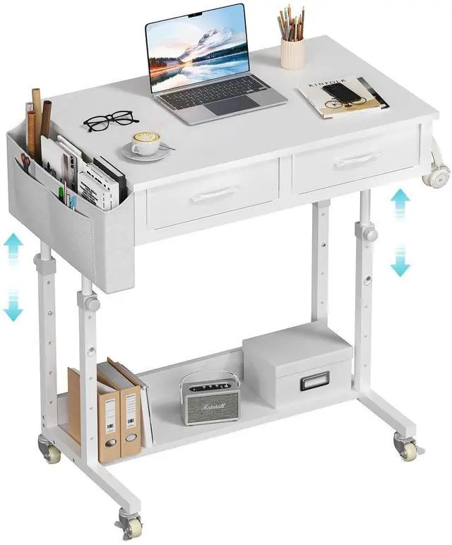 Main image of Small Rolling Desk with Drawers & Storage - Mobile Workstation on Wheels for Teacher & Student, Adjustable Height Portable Standing Desk for Small Spaces, Compact Sewing & Crafting Table