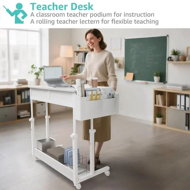 Alt view image 2 of 7 - Small Rolling Desk with Drawers & Storage - Mobile Workstation on Wheels for Teacher & Student, Adjustable Height Portable Standing Desk for Small Spaces, Compact Sewing & Crafting Table