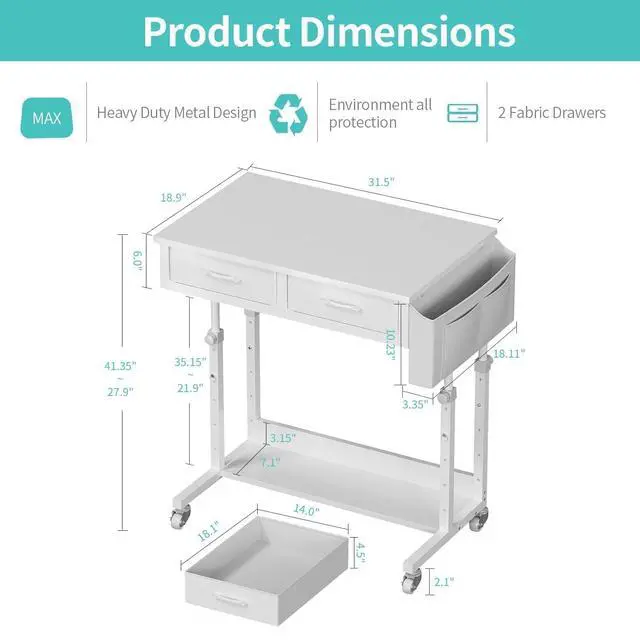 Alt view image 3 of 7 - Small Rolling Desk with Drawers & Storage - Mobile Workstation on Wheels for Teacher & Student, Adjustable Height Portable Standing Desk for Small Spaces, Compact Sewing & Crafting Table