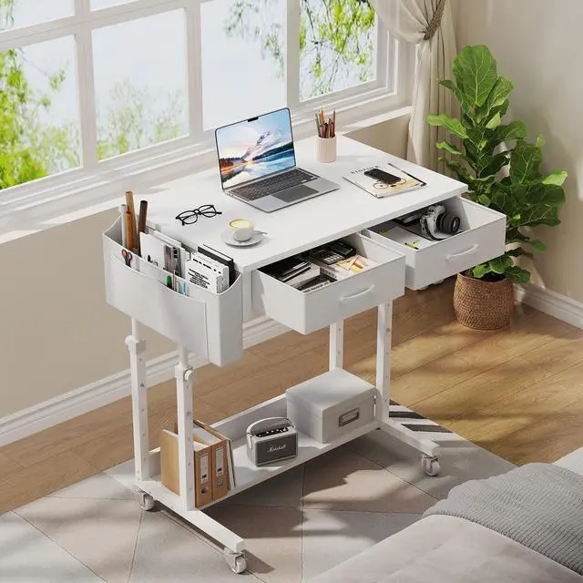 Alt view image 4 of 7 - Small Rolling Desk with Drawers & Storage - Mobile Workstation on Wheels for Teacher & Student, Adjustable Height Portable Standing Desk for Small Spaces, Compact Sewing & Crafting Table