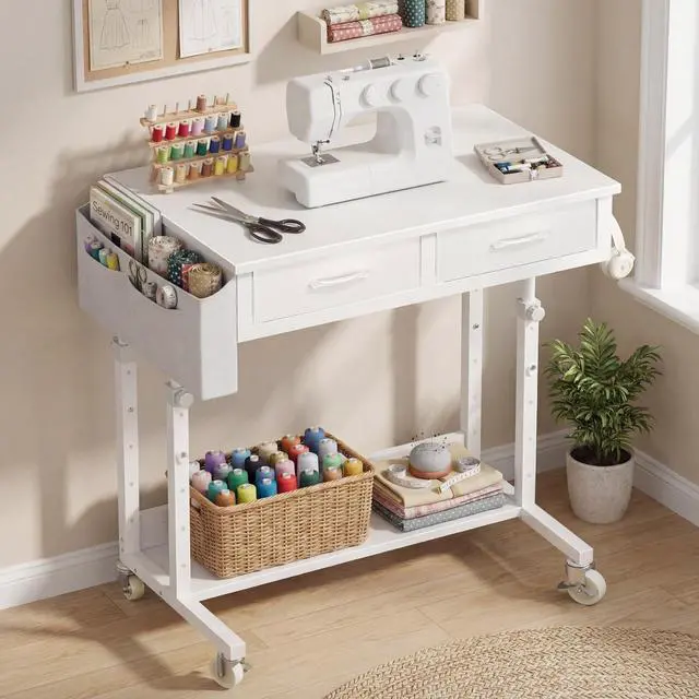 Alt view image 5 of 7 - Small Rolling Desk with Drawers & Storage - Mobile Workstation on Wheels for Teacher & Student, Adjustable Height Portable Standing Desk for Small Spaces, Compact Sewing & Crafting Table