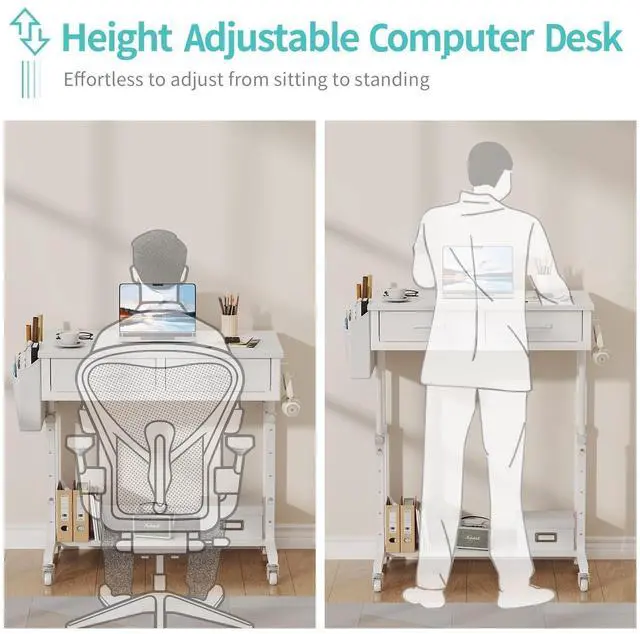 Alt view image 6 of 7 - Small Rolling Desk with Drawers & Storage - Mobile Workstation on Wheels for Teacher & Student, Adjustable Height Portable Standing Desk for Small Spaces, Compact Sewing & Crafting Table