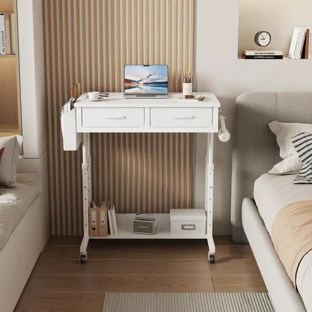 Alt view image 7 of 7 - Small Rolling Desk with Drawers & Storage - Mobile Workstation on Wheels for Teacher & Student, Adjustable Height Portable Standing Desk for Small Spaces, Compact Sewing & Crafting Table