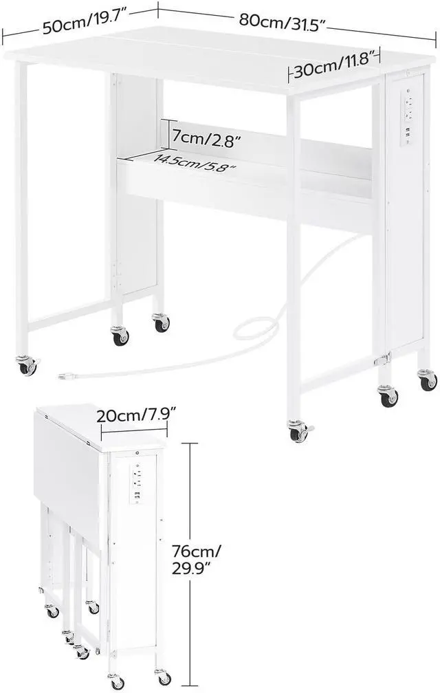 Alt view image 3 of 7 - 31.5" Modern White Folding Computer Desk with Power Outlets, Wheels, Storage, Perfect for Small Spaces White TDN01UWB