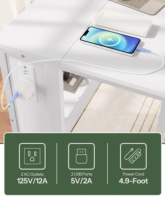 Alt view image 4 of 7 - 31.5" Modern White Folding Computer Desk with Power Outlets, Wheels, Storage, Perfect for Small Spaces White TDN01UWB