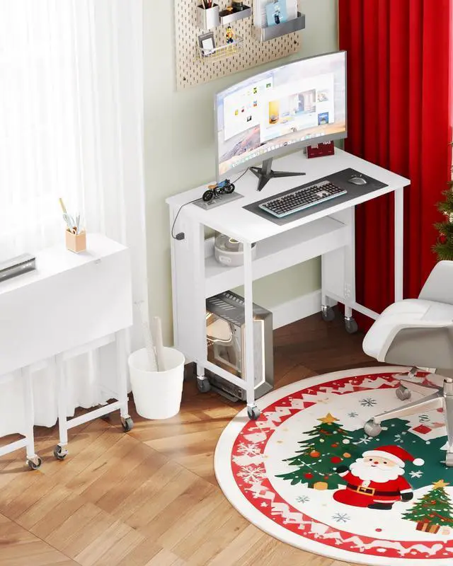 Alt view image 6 of 7 - 31.5" Modern White Folding Computer Desk with Power Outlets, Wheels, Storage, Perfect for Small Spaces White TDN01UWB