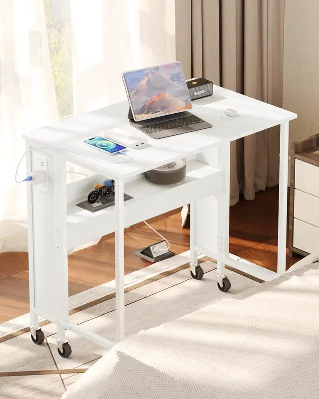 Main image of 31.5" Modern White Folding Computer Desk with Power Outlets, Wheels, Storage, Perfect for Small Spaces White TDN01UWB