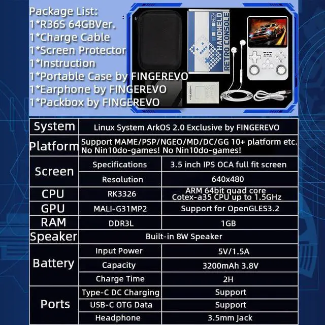 Alt view image 7 of 7 - R36S Handheld Game Console 3.5-in 640*480 IPS OCA Screen 3200mAh Opensource System RK3326 Pure White