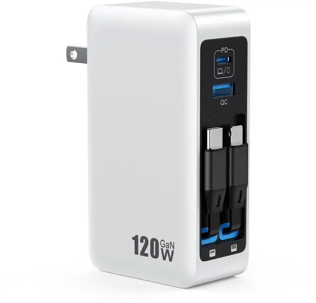 Main image of 120W USB C Charger Block with 2 Built-in Retractable Cables,4-in-1 GaN IV Foldable Plug Wall Charger Fast Charging Station,PD 65W Laptop Adapter for MacBook/iPad,iPhone 17/16/15/14,Galaxy,Android etc