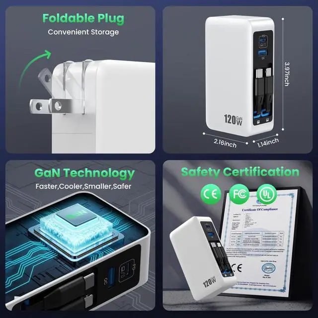 Alt view image 4 of 7 - 120W USB C Charger Block with 2 Built-in Retractable Cables,4-in-1 GaN IV Foldable Plug Wall Charger Fast Charging Station,PD 65W Laptop Adapter for MacBook/iPad,iPhone 17/16/15/14,Galaxy,Android etc