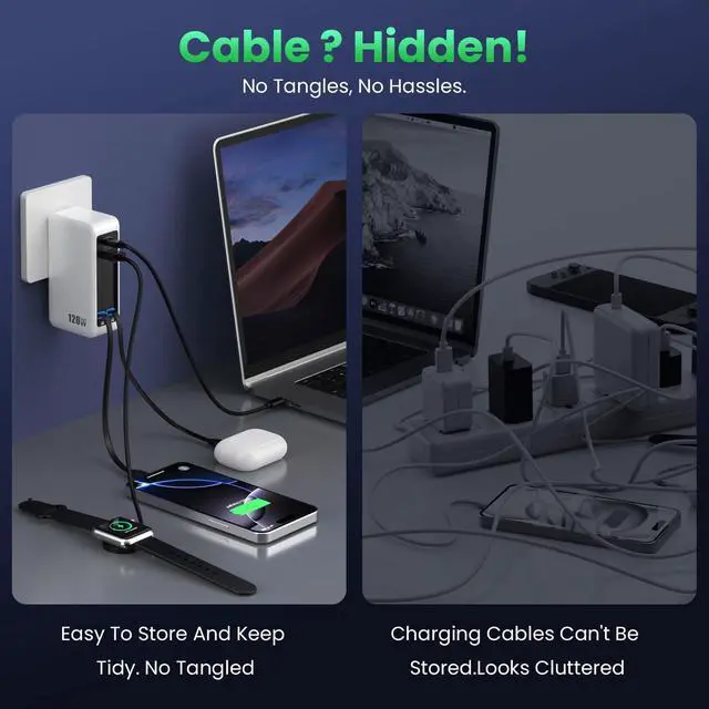 Alt view image 5 of 7 - 120W USB C Charger Block with 2 Built-in Retractable Cables,4-in-1 GaN IV Foldable Plug Wall Charger Fast Charging Station,PD 65W Laptop Adapter for MacBook/iPad,iPhone 17/16/15/14,Galaxy,Android etc
