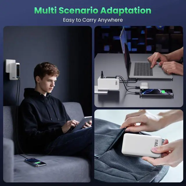 Alt view image 7 of 7 - 120W USB C Charger Block with 2 Built-in Retractable Cables,4-in-1 GaN IV Foldable Plug Wall Charger Fast Charging Station,PD 65W Laptop Adapter for MacBook/iPad,iPhone 17/16/15/14,Galaxy,Android etc