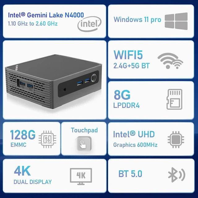 Alt view image 3 of 6 - KN1 Mini PC Touch PC Intel N4000(up to 2.6GHz),8GB LPDDR4 128GB eMMC,Support M.2 SSD Expansion (512GB/2TB),Support 4K Dual Display, 2.4G/5G WiFi,BT 5.0,USB 3.0,Mini Desktop Computer for Home/Office