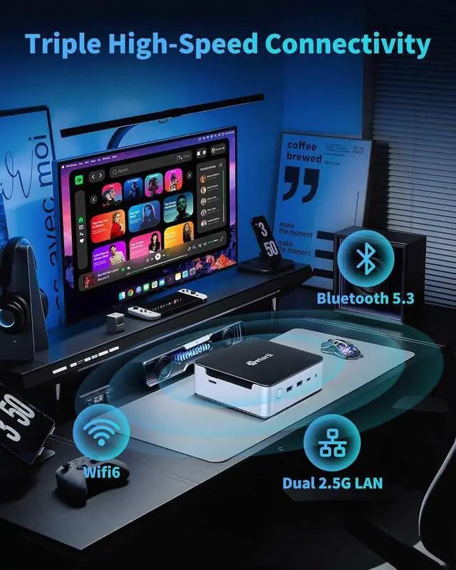 Alt view image 6 of 7 - Getorli Mini PC, AMD Ryzen 7 H 255(Up to 4.9GHz), 32GB DDR5 & 1TB PCIe 4.0 SSD Micro PC, 4K Quad Display Mini Desktop Computer with Dual 2.5G LANWiFi 6 for Home Office/Gaming/Design & Productivity