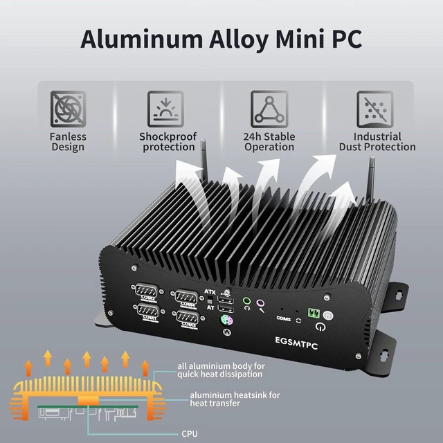 Alt view image 5 of 7 - Fanless Mini PC, Intel Core i5-10310U (Up to 4.4GHz), 16GB DDR4, 512GB SSD,Industrial PC Supports Dual Display, 6 DB9 COM Ports, USB 3.0,2 RJ45 LAN, Full Aluminum Alloy, Win 11 pro