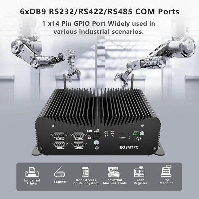 Alt view image 6 of 7 - Fanless Mini PC, Intel Core i5-10310U (Up to 4.4GHz), 16GB DDR4, 512GB SSD,Industrial PC Supports Dual Display, 6 DB9 COM Ports, USB 3.0,2 RJ45 LAN, Full Aluminum Alloy, Win 11 pro