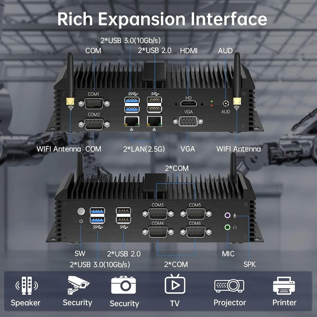 Alt view image 3 of 7 - Fanless Industrial PC, i7-8550U(1.8-4.0Ghz), 8GB DDR4 128GB SSD