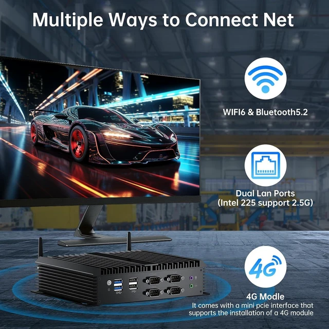 Alt view image 7 of 7 - Fanless Industrial PC, i7-8550U(1.8-4.0Ghz), 8GB DDR4 128GB SSD