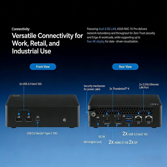 Alt view image 3 of 7 - NUC 16 Pro Mini PC NUC16GDKU5, Intel Core Ultra 5(325) Processor, Up to 45W TDP, Wi-Fi 7, Bluetooth 6.0, Dual 2.5G LAN, Thunderbolt 4, Black, 144mm x 117mm x 42mm (Barebone)