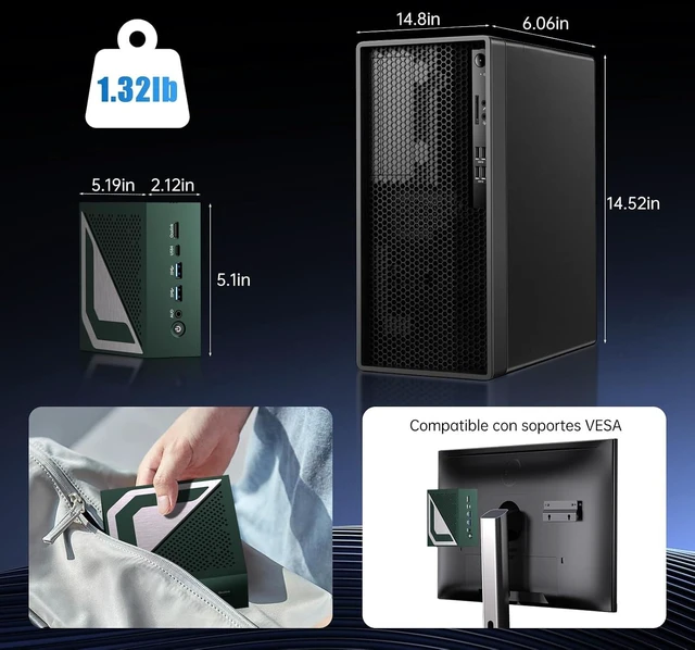Alt view image 7 of 7 - Mini PC, Desktop Computer with 14th Gen Core Ultra U9-185H up to 5.1 GHz, Win-11 Pro, 16G DDR5, 1T M.2 PCIE4.0 SSD, Dual 2.5G LAN, DP/HD2.1/USB4.0, 8K/4K@60Hz, WiFi7/BT5.4, Oculink, Green