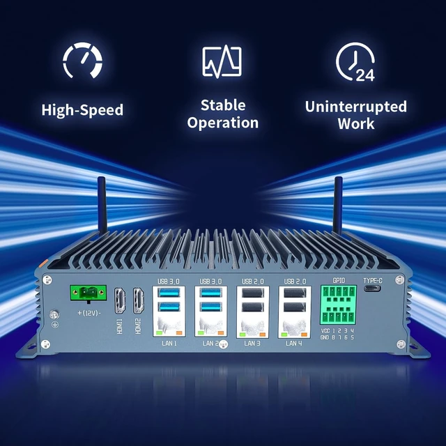 Alt view image 4 of 7 - Fanless Industrial PC Windows 11 Pro Desktop PC, Intel I5-7200U 8GB RAM 1TB SSD, 4xLAN, 4xUSB 3.0, 4xUSB 2.0, 6xCOM, 8xGPIO, Dual HDMI, VGA, Type-C, WiFi, Rugged Mini Computer