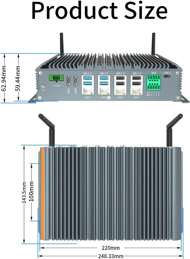 Alt view image 2 of 7 - Fanless Industrial PC Windows 11 Pro Desktop PC, Intel I5-7200U 8GB RAM 1TB SSD, 4xLAN, 4xUSB 3.0, 4xUSB 2.0, 6xCOM, 8xGPIO, Dual HDMI, VGA, Type-C, WiFi, Rugged Mini Computer