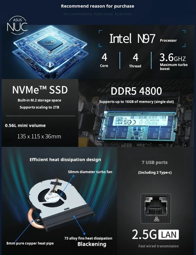 Alt view image 3 of 6 - NUC 14 Pro NUC14MNK97 Mini Desktop Computer/Mini PC/HTPC 14th Gen. Intel Processor N97,6M Cache, up to 3.60 GHz,Intel UHD Graphics (16GB DDR5+1TB SSD)