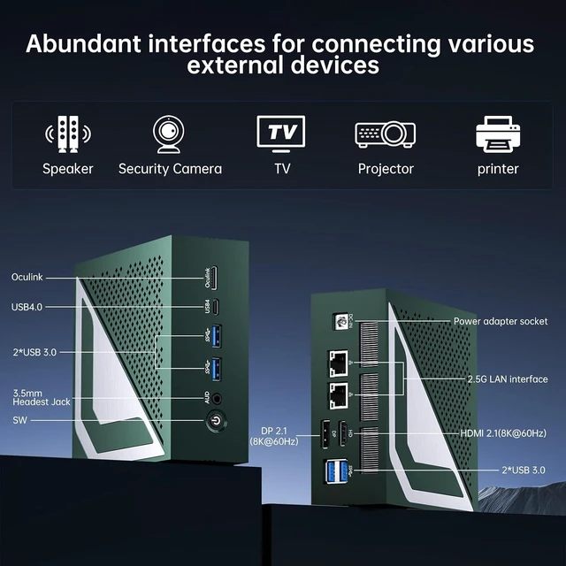 Alt view image 6 of 7 - Mini PC, Desktop Computer with 14th Gen Core Ultra U9-185H up to 5.1 GHz, Win-11 Pro, 16G DDR5, 1T M.2 PCIE4.0 SSD, Dual 2.5G LAN, DP/HD2.1/USB4.0, 8K/4K@60Hz, WiFi7/BT5.4, Oculink, Green