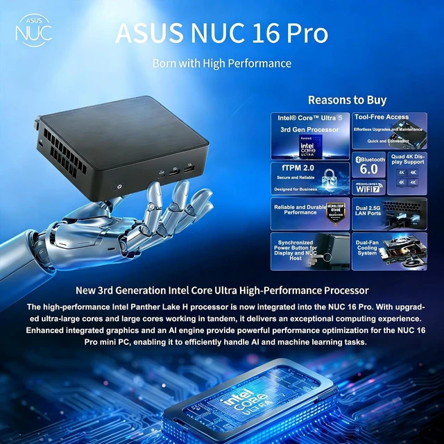 Alt view image 2 of 7 - NUC 16 Pro Mini PC NUC16GDKU5, Intel Core Ultra 5(325) Processor, Up to 45W TDP, Wi-Fi 7, Bluetooth 6.0, Dual 2.5G LAN, Thunderbolt 4, Black, 144mm x 117mm x 42mm (Barebone)