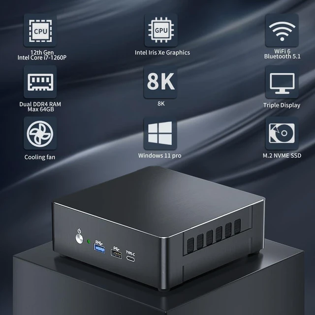 Alt view image 2 of 7 - Mini PC i7-1260P Windows 11 Pro (TPM2.0), Desktop Computer 16G RAM 256G Pcie 4.0 SSD, DP/HDMI/Type-C Triple Display, Auto Power on, Dual LAN WiFi 6 Bluetooth 5.1 for Home/Business