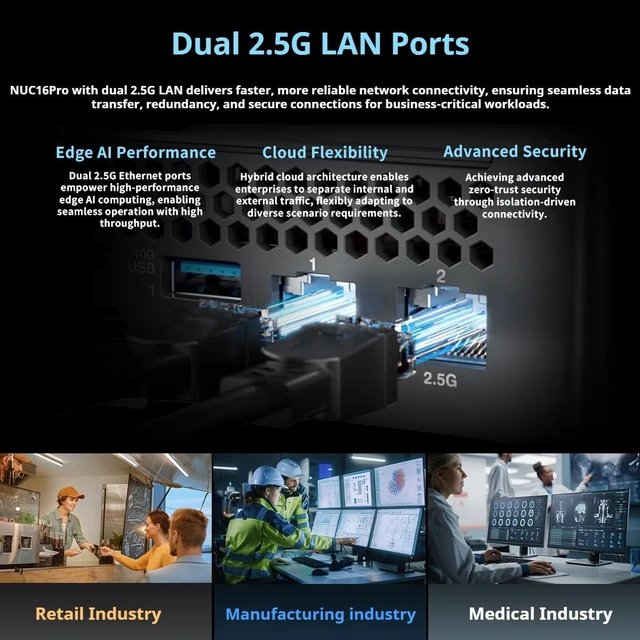 Alt view image 5 of 7 - NUC16 PRO AI Mini PC RNUC16GDKU5 Intel Core Ultra5 325,Intel Arc Graphics,Dual M.2 PCIe SSD,Dual 2.5G LAN,Blutooth 6,Wi-Fi 7,Black,for Business & Content Creation(Barebone,NO RAM&SSD&OS)