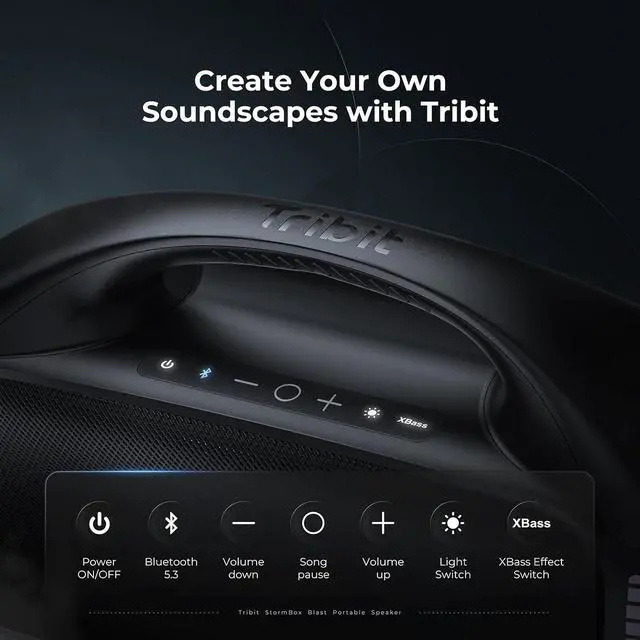 Alt view image 5 of 7 - Tribit StormBox Blast Portable Bluetooth Speaker, (140W Peak) 90W Loud Stereo Sound with 30H Playtime, IPX7 Waterproof, LED Light, Wireless, XBass, BT5.3, TWS, Custom EQ, Party/Outdoor/Camping/Beach