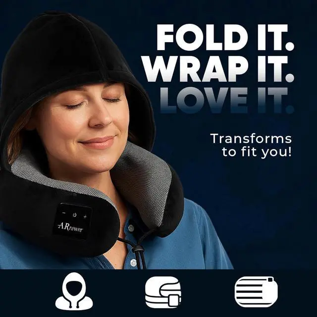 Alt view image 7 of 7 - Bluetooth Music Semicircular Neck Pillow with Hood Wireless Bluetooth Speaker Suitable Airplane,Car,Office,and Outdoor Camping for Sleeping, Resting The Best Travel Essentials. (Black)