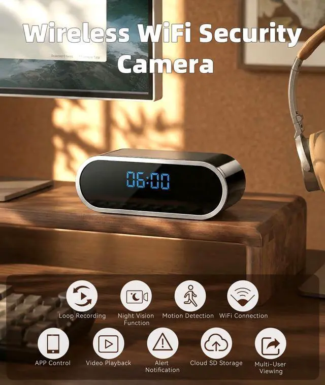 Alt view image 2 of 7 - Wireless WiFi Indoor Security Camera with Clock for Home with App Control, Motion Detection, 150° Outdoor Camera with Night Vision & Loop Recording for Office/Shop/Pet/Garage,User-Friendly