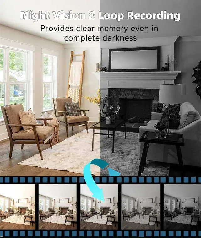 Alt view image 3 of 7 - Wireless WiFi Indoor Security Camera with Clock for Home with App Control, Motion Detection, 150° Outdoor Camera with Night Vision & Loop Recording for Office/Shop/Pet/Garage,User-Friendly