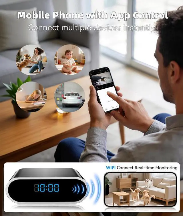 Alt view image 6 of 7 - Wireless WiFi Indoor Security Camera with Clock for Home with App Control, Motion Detection, 150° Outdoor Camera with Night Vision & Loop Recording for Office/Shop/Pet/Garage,User-Friendly