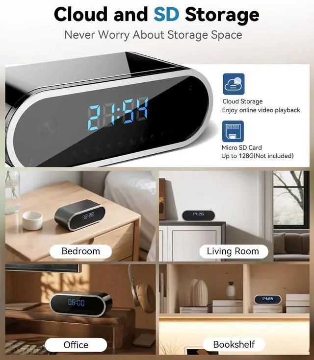 Alt view image 7 of 7 - Wireless WiFi Indoor Security Camera with Clock for Home with App Control, Motion Detection, 150° Outdoor Camera with Night Vision & Loop Recording for Office/Shop/Pet/Garage,User-Friendly
