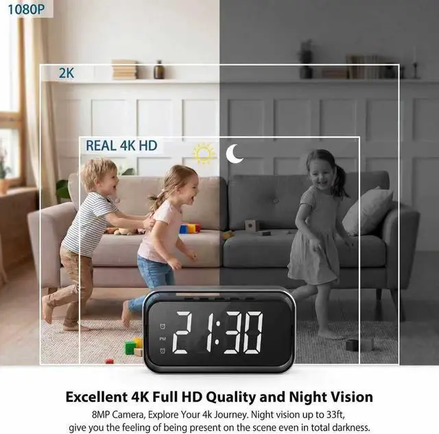 Alt view image 3 of 7 - Security-Mini-Camera, 4K Real Full HD Nanny Cam with Two Sets of Alarm Clock Setting for Home Security, Night Vision & Motion Detection Alerts, Mobile Phone App Remote Control, Support 2.4G and 5G