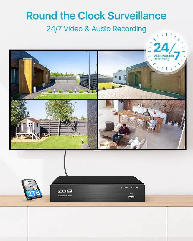 Alt view image 6 of 7 - ZOSI 4K PoE CCTV Security Camera System with 2-Way Audio, 8CH H.265+ NVR with 2TB HDD, 8x8MP Outdoor PoE IP Cameras, Color Night Vision, Waterproof, AI Human Detection, Smart Light Alarm