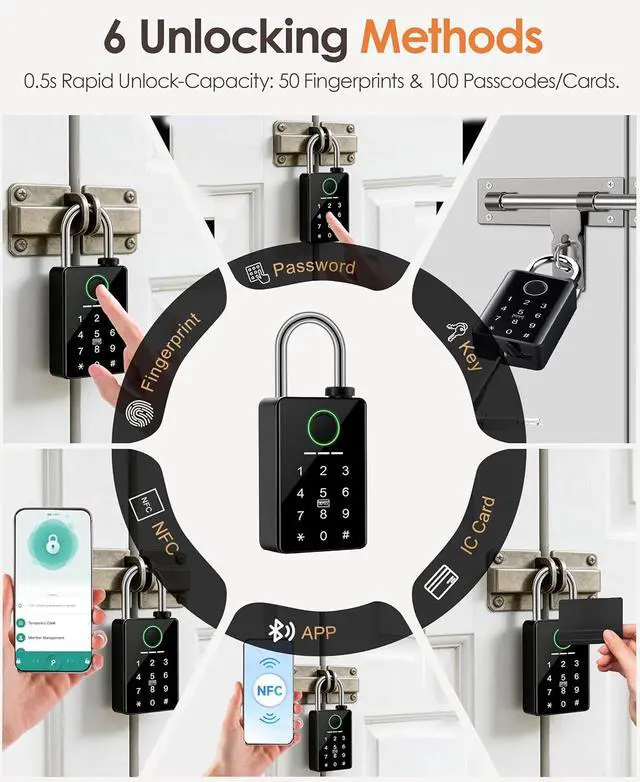Alt view image 4 of 7 - Heavy Duty Fingerprint Smart Padlock with Key, 6-in-1 Keyless Entry Lock with Code Keypad, Tuya App, RFID, Digital Combination Lock for Outdoor Gate, Fence, Shed, Pool, Storage Unit, Locker