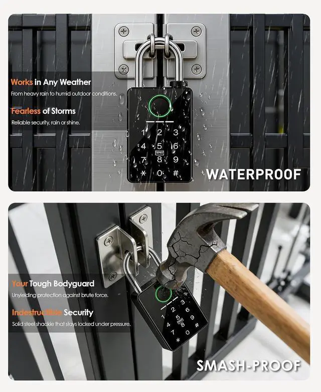 Alt view image 7 of 7 - Heavy Duty Fingerprint Smart Padlock with Key, 6-in-1 Keyless Entry Lock with Code Keypad, Tuya App, RFID, Digital Combination Lock for Outdoor Gate, Fence, Shed, Pool, Storage Unit, Locker