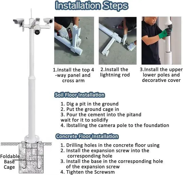 Alt view image 6 of 7 - Heavy-Duty Outdoor Security Camera Pole, 19.6ft Metal Surveillance Stake with Lightning Rod & Mounting Bracket, Industrial Monitoring Solution for Enhanced Safety