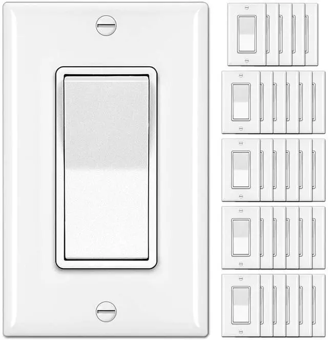 Main image of BESTTEN 30 Pack Single Pole Decorator Light Switch, Rocker Paddle Wall Switch, On/Off Interrupter, w/Wall Plate, 15A 120/277V, UL Listed, White