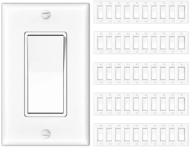 Main image of Amico 50 Pack Single Pole Light Switch with Wall Plate, UL Listed, 15A 120/277V, On/Off Rocker Paddle Interrupter Wall Switch, Grounding Screw, Residential Grade, Suitable for Home and Business, White